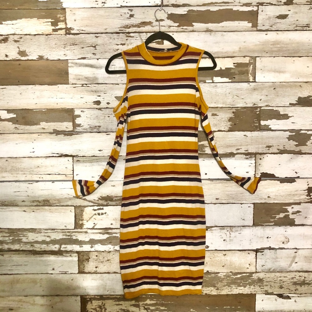Striped Body Con Cold Shoulder Dress